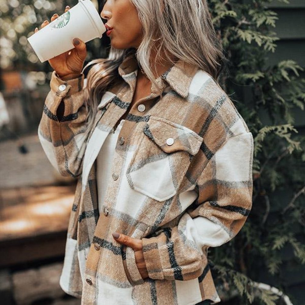 Plaid Oversized Flannel Shirt Jacket Shacket Coat - Picture 2 of 7